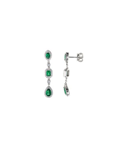 LONG RHODIUM SILVER EARRINGS WITH GREEN ZIRCONIAS AND