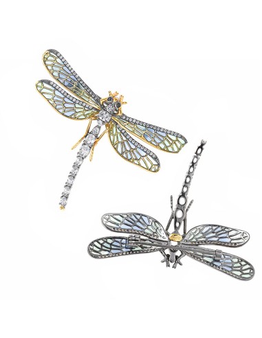 GOLDEN SILVER AND RUTHENIUM DRAGONFLY BROOCH