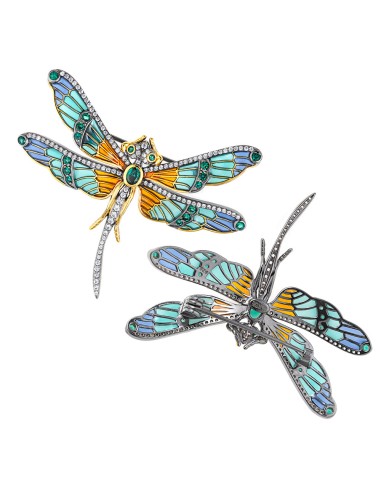 GOLDEN SILVER AND RUTHENIUM DRAGONFLY BROOCH