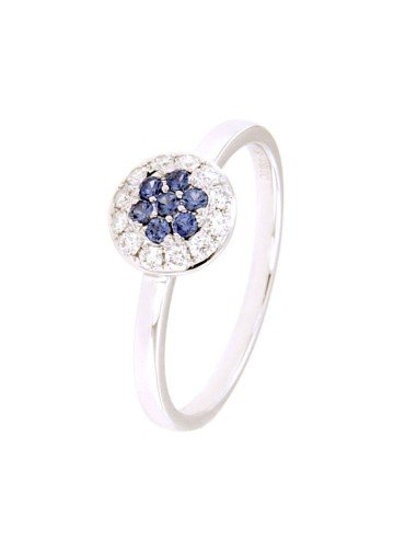 WHITE GOLD BLUE SAPPHIRE FLOWER RING WITH BRILLIANT EDGE