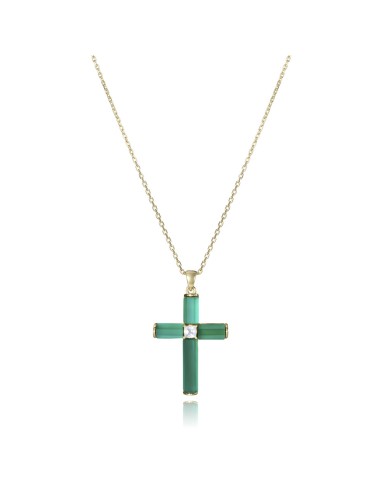 SILVER GOLD CROSS GREEN STONE WITH CHAIN