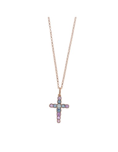 PINK SILVER NECKLACE WITH CROSS ZIRCONIA RUBIBLANT BLUE