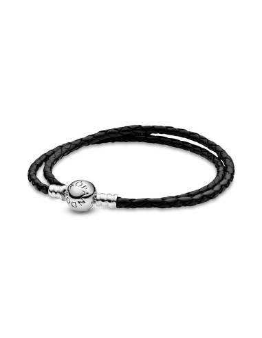 PULSERA PLATA MOMENTS CUERO TRENZADO NEGRO DOBLE