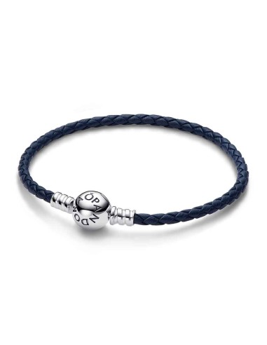 Bracelet braided Blue Leather with Round Lock