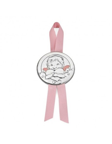 DOUBLE ANGEL CRIB MEDAL WITH PINK HEART 7CM