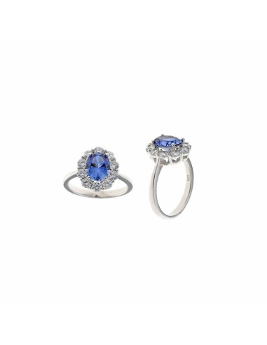 SILVER RHODIUM OVAL RING WITH BLUE SAPPHIRE CRYSTAL