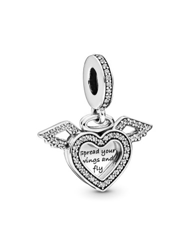 SILVER BEAD HEART AND ANGEL WINGS PENDANT