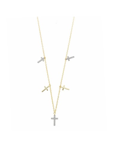 GOLDEN SILVER NECKLACE WITH SMOOTH CROSSES AND C ZIRCONS